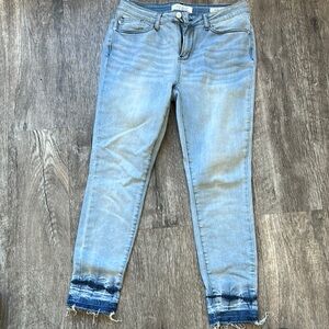 Blue Ankle Cropped Jeans with Patterned Hem